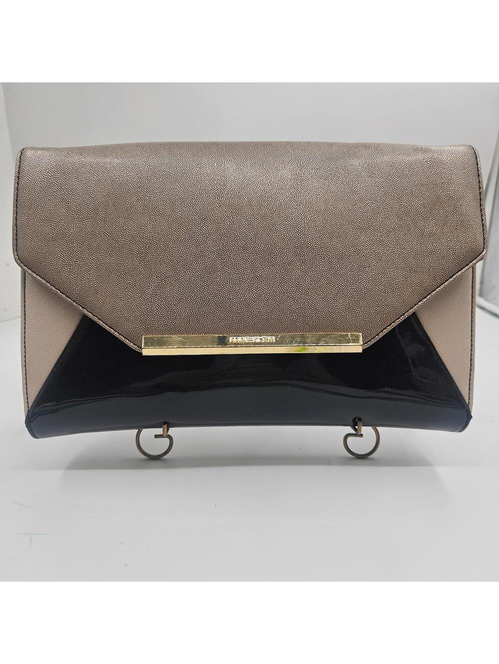 Anne Klein 3-Tone Envelope Shoulder Bag Taupe, Cream & Black Patent Gold Chain